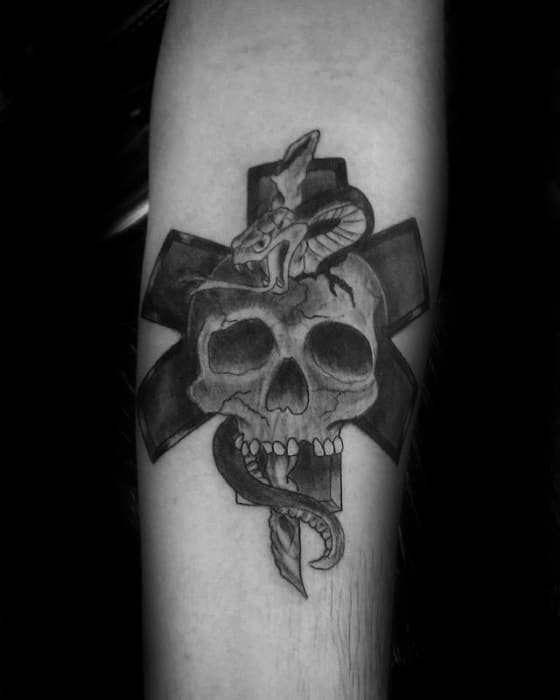 retro star of life shaded black and grey forearm tattoo ideas for men