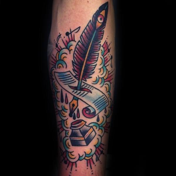 Retro Traditional Forearm Incredible Quill Tattoos For Men