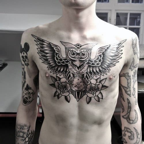 Retro Traditional Owl Tattoo On Mans Chest