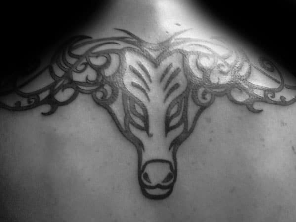 Retro Tribal Bull Mens Upper Back Tattoo
