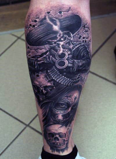 Revolver Tattoos On Man On Leg Calf