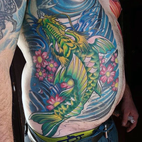 Rib Cage Side And Chest Koi Dragon With Blue Ink Water Mens Tattoos