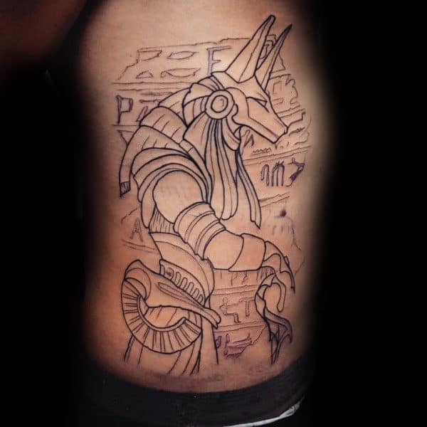 Rib Cage Side Anubis Outline Black Ink Tattoo For Guys
