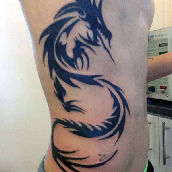 Rib Cage Side Black Ink Guys Tribal Dragon Tattoo Design