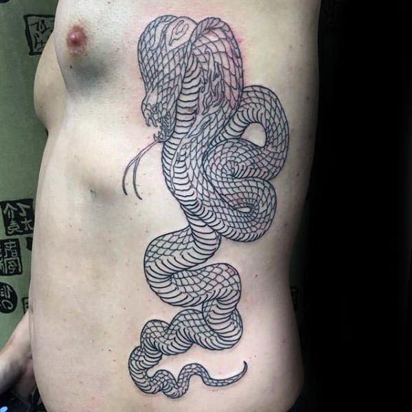 Rib Cage Side Black Ink Outline Cobra Male Tattoos