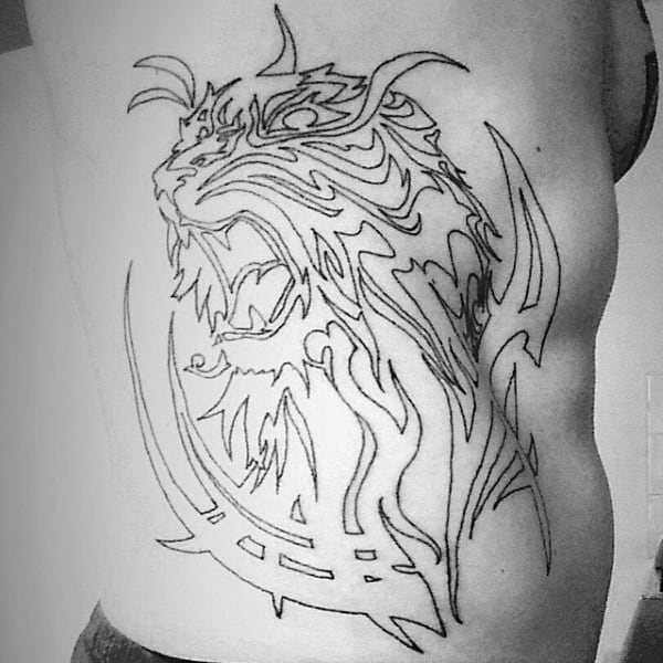 Rib Cage Side Black Ink Outline Male Tribal Tiger Tattoo Ideas