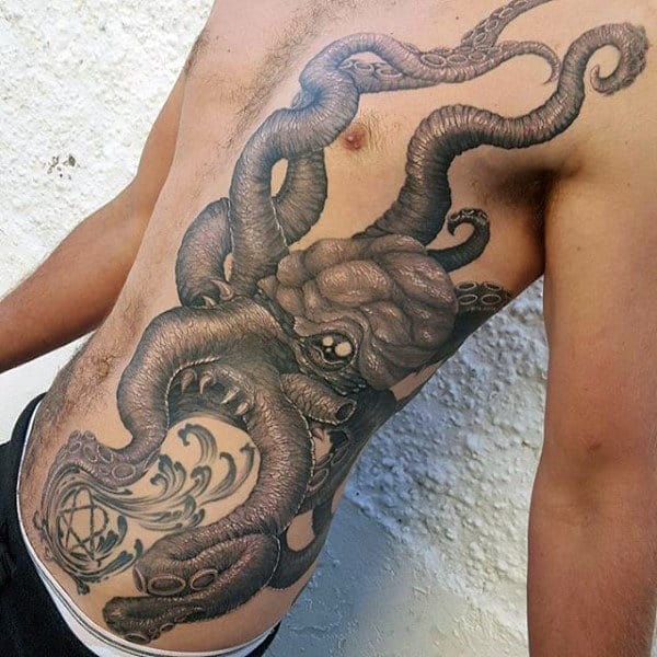 Rib Cage Side Black Octopus Tattoo For Men