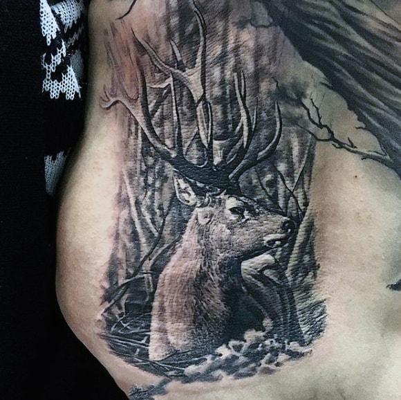 Rib Cage Side Deer Tattoo For Men With Woods Background
