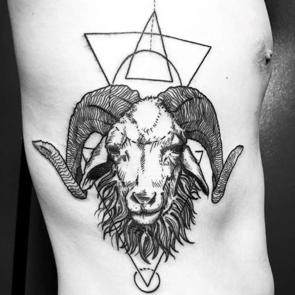 Rib Cage Side Guys Aries Geometric Ram Tattoo Designs