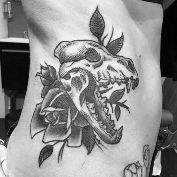 Rib Cage Side Guys Rose Flower Wolf Skull Tattoo
