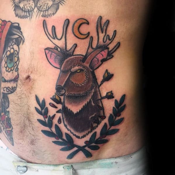 Rib Cage Side Guys Traditional Deer Tattoo Ideas