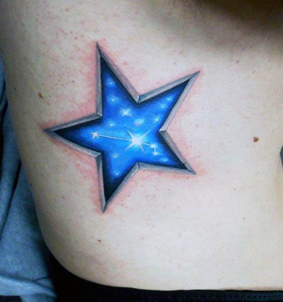 Rib Cage Side Male Tattoo With Blue Outer Space 3d Star Design