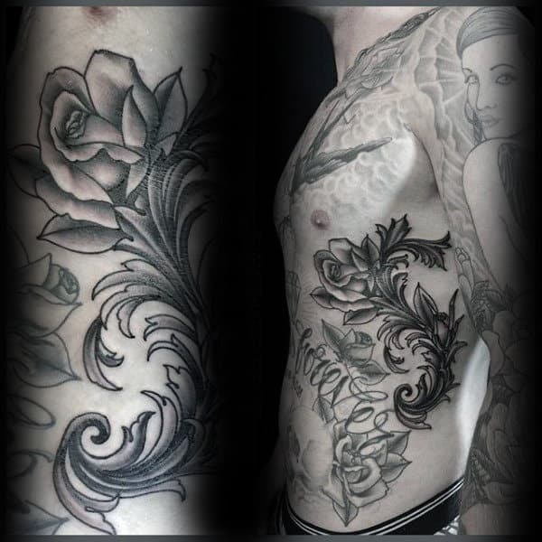 Rib Cage Side Mens Filigree Rose Flower Stem Tattoo