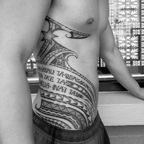 Rib Cage Side Mens Polynesian Lettering Tribal Tattoos