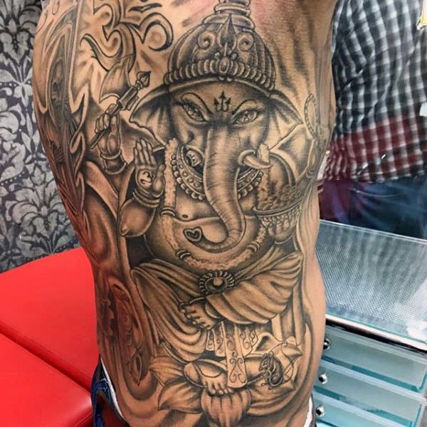 Rib Cage Side Mens Shaded Black And Grey Ink Ganesh Tattoo