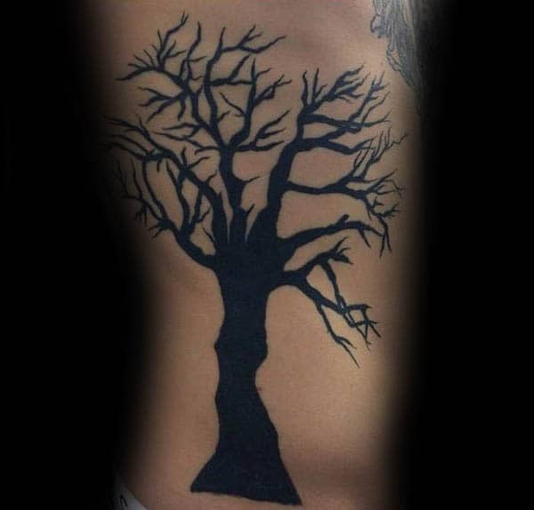 Rib Cage Side Mens Silhouette Tree Tattoo With Black Ink Design