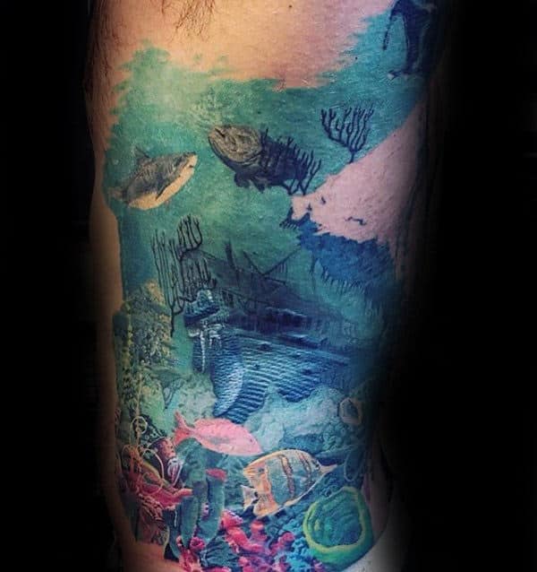 Rib Cage Side Mens Sunken Ship Coral Reef Tattoo With Watercolor Design.