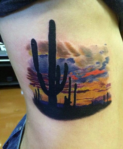 Rib Cage Side Mens Tattoo Of Realsitic Cactus With Desert Sunset