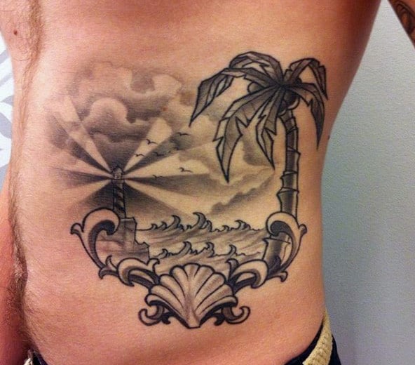 Rib Cage Side Mens Traditional Lighthouse Tattoos