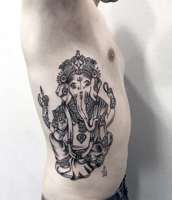 Rib Cage Side Of Body Ganesh Tattoo On Male With Black Ink Design