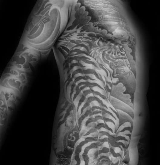 Rib Cage Side Of Body Japanese Tiger Guys Shaded Tattoo Inspiration