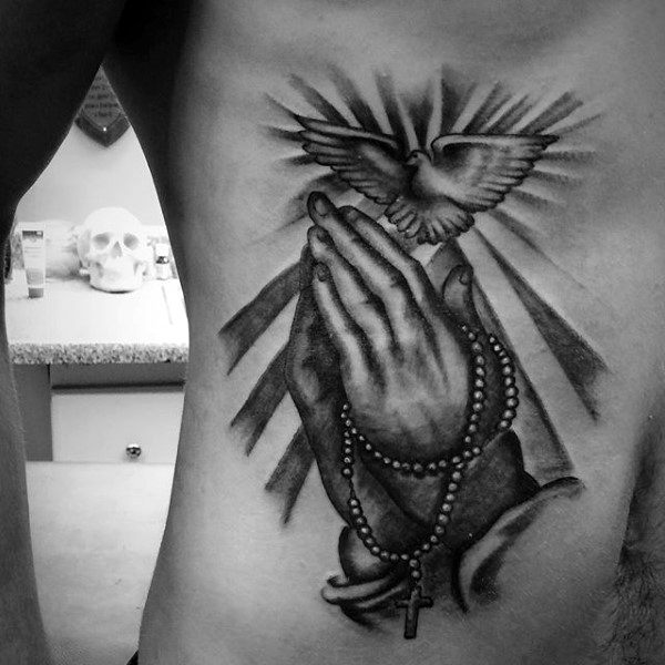 Rib Cage Side Praying Hands And Cross Male Tattoo Designs