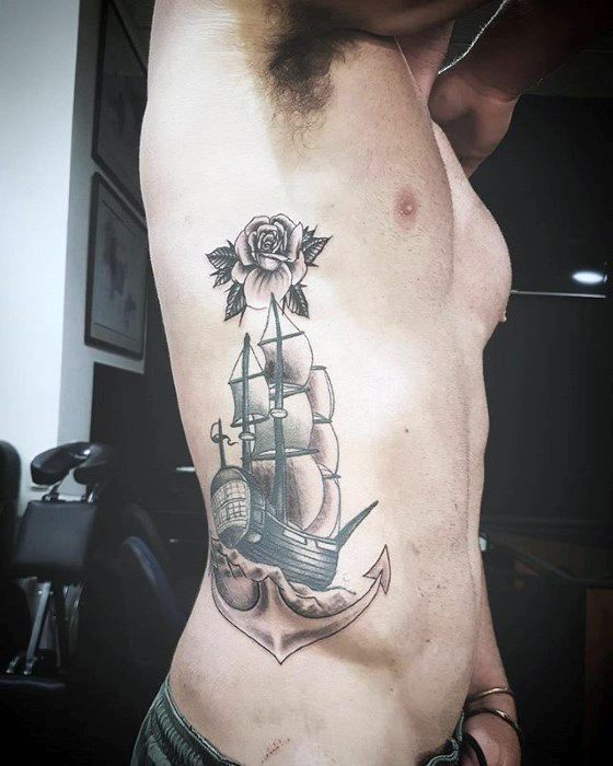 Rib Cage Side Sailing Ship Unique Anchor Tattoos For Guys