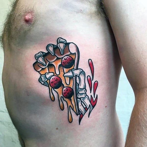 Pizza slice tattoo on the bicep.