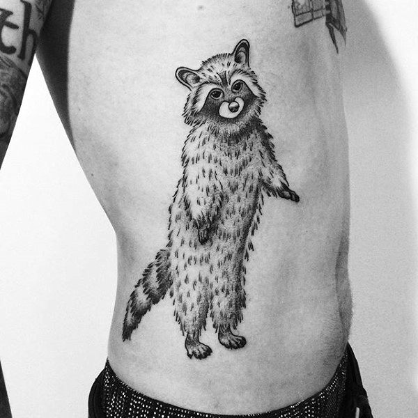 Rib Cage Side Standing Raccoon Mens Tattoos