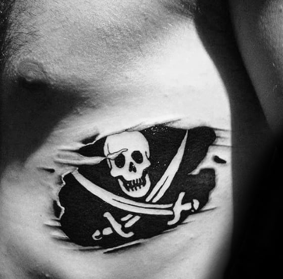 Rib Cage Side Torn Skin Pirate Flag Mens Tattoos