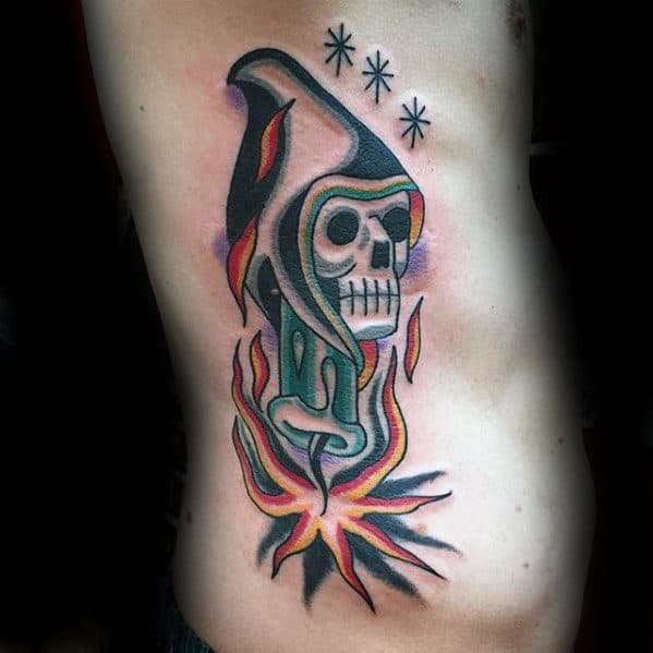 Rib Cage Side Traditional Reaper Candle Old School Tattoo Designs For Guys