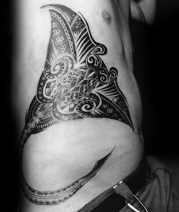 Rib Cage Side Tribal Male Manta Ray Tattoo Designs