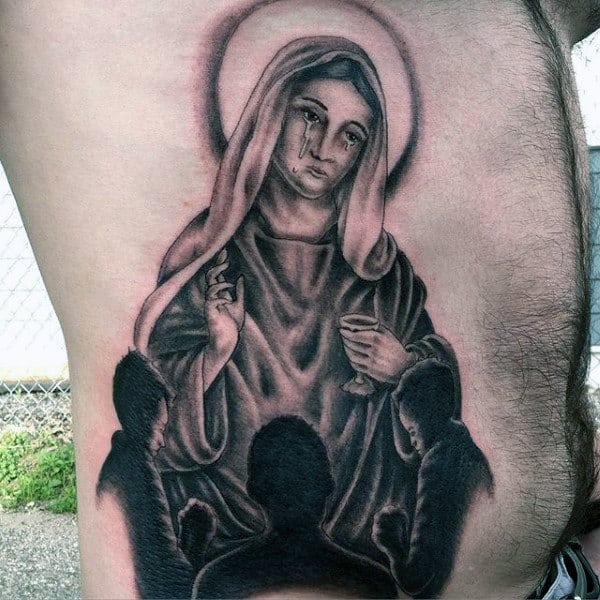 Rib Cage Side Virgin Mary Mens Tattoo Designs