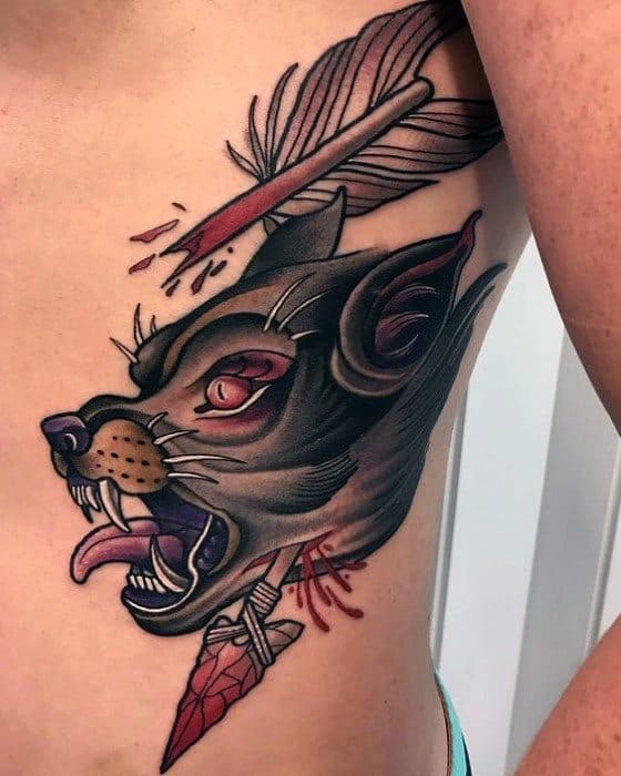 Rib Cage Side Wolf Broken Arrow Mens Tattoo Ideas