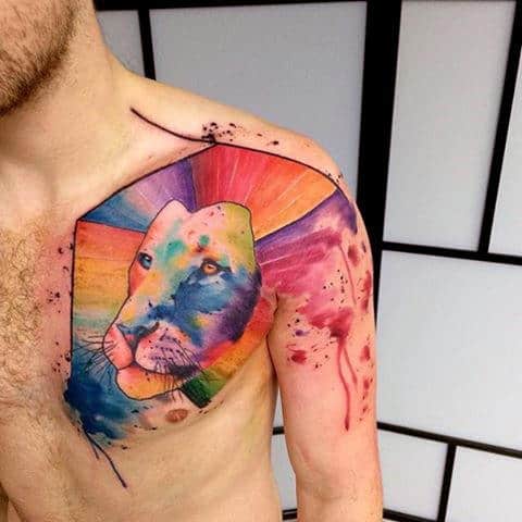Rich Watercolor Tattoo Design On Chest For Men