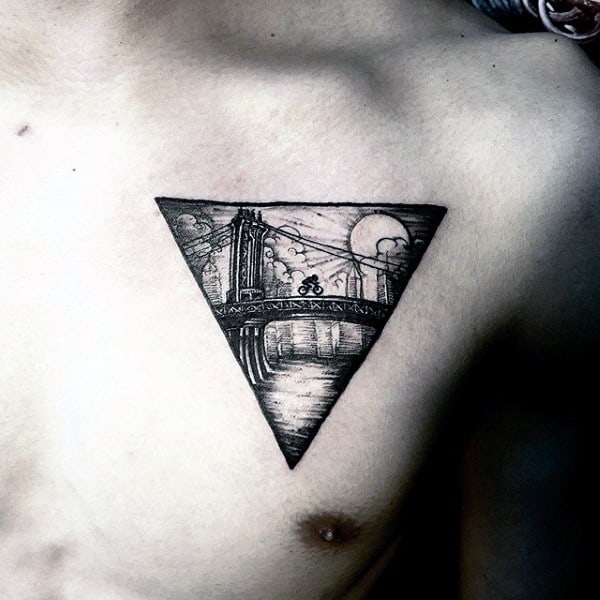 Riding On A Bridge Triangle Tattoo On Chest For Men