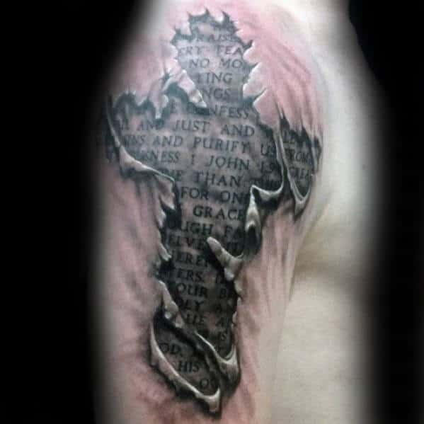 Ripped Skin 3d Catholic Cross With Bible Quote Mens Arm Tattoo