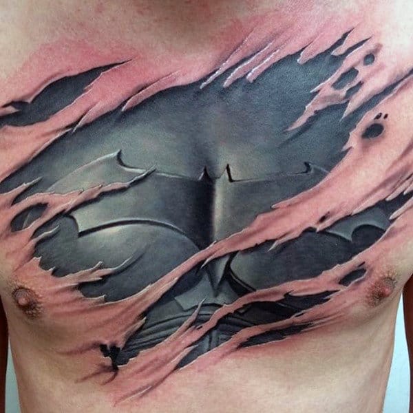 Ripped Skin Chest Batman Tattoo Designs