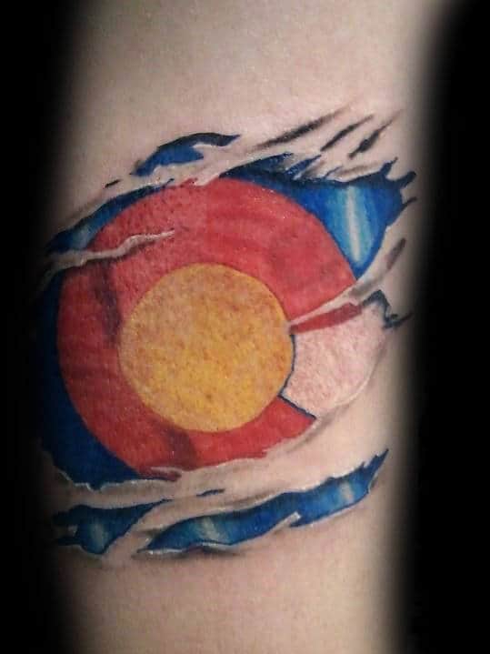 Ripped Skin Colorado Flag Tattoo On Man