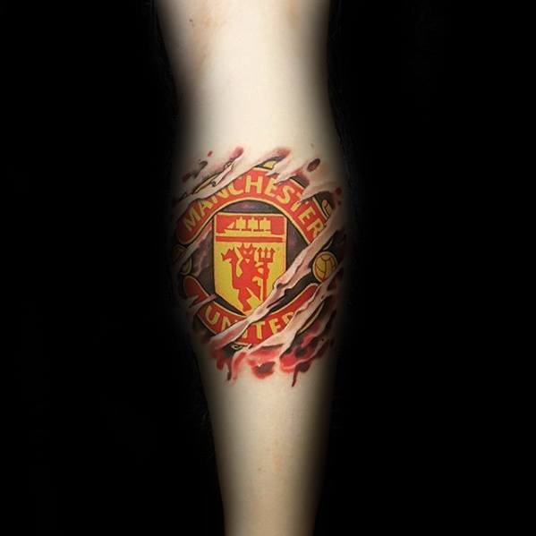 Ripped Skin Leg Calf Manchester United Mens Tattoo Designs