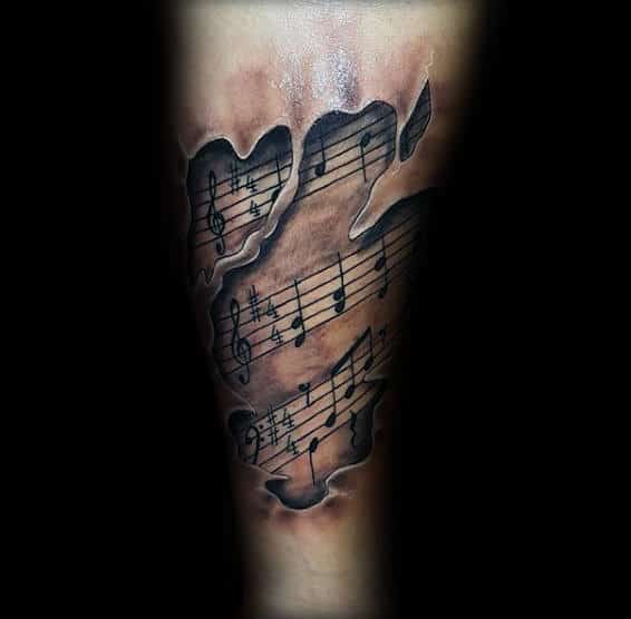 Ripped Skin Music Note Tattoo For Guys