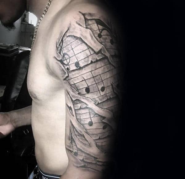 Ripped Skin Music Notes Guys Half Sleeve Tattoos