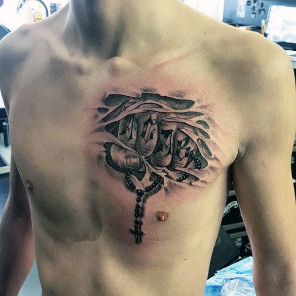 Ripped Skin Rosary Tattoos On Chest For Men