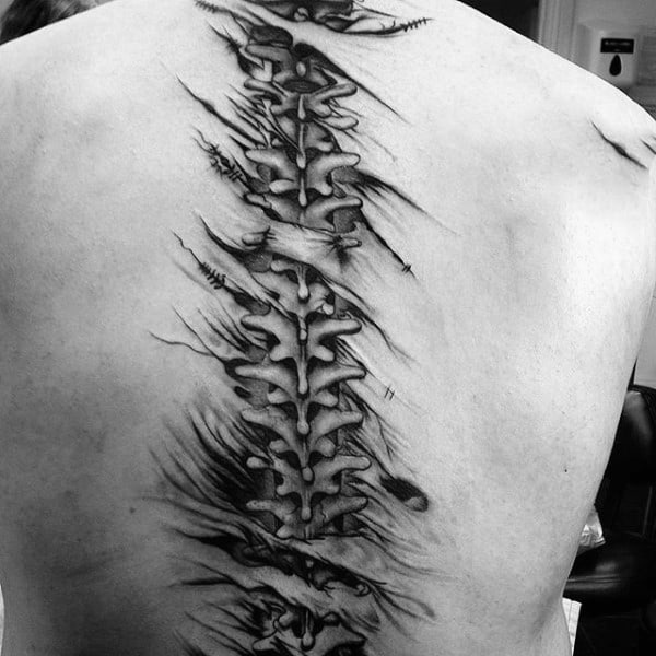 Ripped Skin Spine Bone Tattoos For Guys