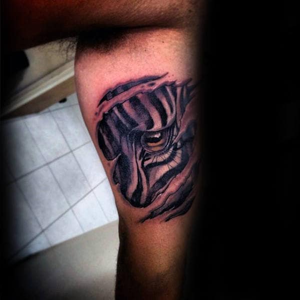Ripped Skin Zebra Mens Inner Arm Bicep Tattoos