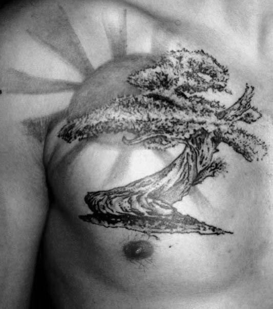 Rising Sun Bonsai Tree Chest Tattoos For Men