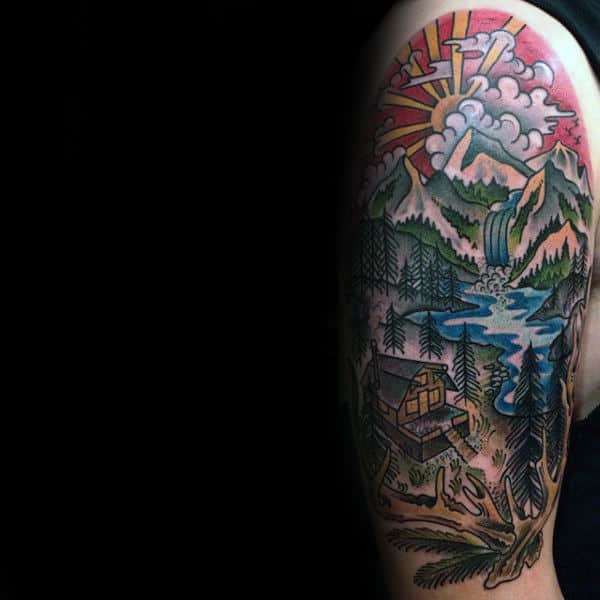 Rising Sun Waterfall With Cabin In The Woods Mens Half Sleeve Tattoo
