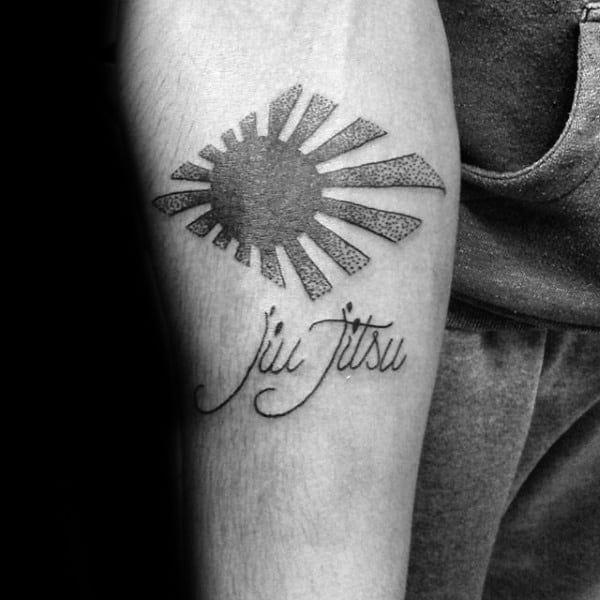 Rising Sun With Jiu Jitsu Lettering Male Inner Forearm Tattoo