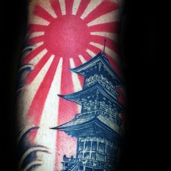 Rising Sun With Temple Mens Japanese Inner Forearm Tattoos