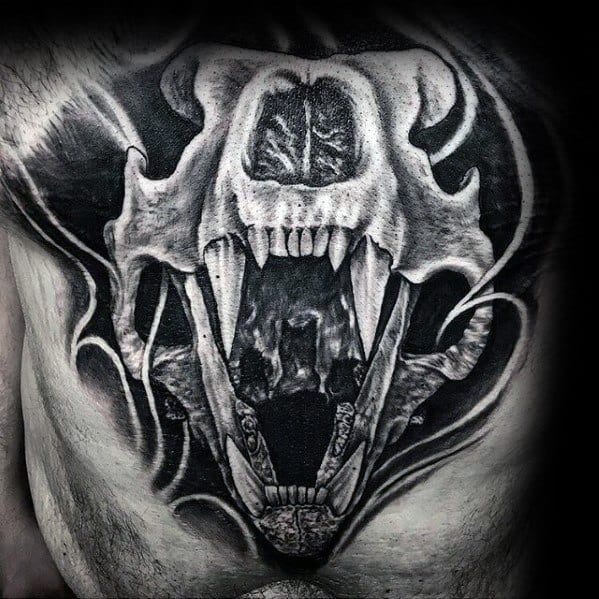 Roaring Animal Skull Guys Unique Shaded 3d Chest Tattoos